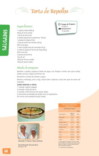 Torta de Repolho
                                                                                Tempo de Preparo:
           Ingredientes:                                                        1h30min
                                                                                Rendimento:
           1 repolho médio (800 g)
Salgados



                                                                                12 porções
           500 g de carne moída
           1 dente de alho (5 g)
           2 cebolas pequenas e picadinhas (100 g)
           1 pitada de orégano (5 g)
           1 lata de extrato de tomate (150 g)
           500 ml de água
           1 colher (sopa) cheia de manteiga (10 g)
           2 colheres (sopa) de farinha de trigo (50 g)
           500 ml de leite
           3 gramas de pimenta
           15 g de sal
           100 g de cenoura ralada
           100 g de queijo ralado


           Modo de preparo:
           Desfolhe o repolho, escalde as folhas em água e sal. Prepare o molho com carne moída,
           cebola, cenoura, orégano, pimenta e sal.
           Acrescente o extrato de tomate e a água.
           Derreta a manteiga, junte o trigo, misture bem e adicione o leite sem parar de mexer até
           engrossar.
           COMO MONTAR A TORTA:
           1ª camada: repolho rasgado;
           2ª camada: molho de carne;
           3ª camada: molho branco com queijo ralado.
           Ir alternando as camadas, até acabar com os ingredientes.
           Por último uma camada de queijo ralado.



                                                                                 Informação Nutricional
                                                                                        Porção de 150 g

                                                                                     Quantidade por Porção

                                                                                                                  % VD*

                                                                                                    300 Kcal/
                                                                        Valor Calórico                            15%
                                                                                                     1300 KJ

                                                                        Carboidrato                   13 g         4%

                                                                        Proteína                     16,5 g       22%

                                                                        Gorduras Totais              13,3 g       22%

                                                                        Gorduras Saturadas            5,1 g       23%
                                          Autora




                                                                        Gorduras Trans                 0g        VDNE**

                                                                        Colesterol                  45,4 mg       15%

                                                                        Fibra                         2,4 g       10%

                                                                        Cálcio                      15,38 mg       2%

                                                                        Ferro                        1,5 mg       10%

                                                                        Sódio                       625 mg        26%
            Deonilde F. Ciliato e Rosa Sulfinski                       ( * ) Valor diário de referência com base em uma
                                                                       dieta de 2000 kcal ou 8400 kj. Seus valores diários
                                                                       podem ser maiores ou menores dependendo de
            Escola Municipal Tancredo Neves                            suas necessidades energéticas.
            Céu Azul - PR                                              ( ** ) Valor diário não estabelecido.



   58
 