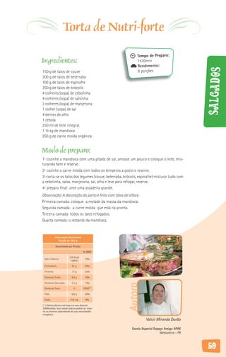 Torta de Nutri-forte
                                                            Tempo de Preparo:
Ingredientes:                                               1h20min
                                                            Rendimento:




                                                                                               Salgados
150 g de talos de couve                                     8 porções
300 g de talos de beterraba
100 g de talos de espinafre
350 g de talos de brócolis
4 colheres (sopa) de cebolinha
4 colheres (sopa) de salsinha
3 colheres (sopa) de manjerona
1 colher (sopa) de sal
4 dentes de alho
1 cebola
250 ml de leite integral
1 ½ kg de mandioca
250 g de carne moída orgânica


Modo de preparo:
1º cozinhe a mandioca com uma pitada de sal, amasse um pouco e coloque o leite, mis-
turando bem e reserve.
2º cozinhe a carne moída com todos os temperos a gosto e reserve.
3º corta-se os talos dos legumes (couve, beterraba, brócolis, espinafre) misturar tudo com
a cebolinha, salsa, manjerona, sal, alho e leve para refogar, reserve.
4º preparo final: unte uma assadeira grande.
Observação: A decoração do parto é feita com talos de alface.
Primeira camada: coloque a metade da massa da mandioca.
Segunda camada: a carne moída que está na pronta.
Terceira camada: todos os talos refogados.
Quarta camada: o restante da mandioca.


            Informação Nutricional
                Porção de 365 g

            Quantidade por Porção

                                        % VD(*)

                          378 Kcal/
 Valor Calórico                           19%
                           1588 KJ

 Carboidrato                 61 g         20%

 Proteína                    17 g         23%

 Gorduras Totais            8,6 g         16%

 Gorduras Saturadas         3,1 g         14%
                                                      Autora




 Gorduras Trans               0         VDNE**

 Fibra                      6,6 g         26%

 Sódio                     216 mg         9%

( * ) Valores diários com base em uma dieta de
2000Kcal/dia. Seus valores diários podem ser maio-
res ou menores dependendo de suas necessidades
energética.

                                                                  Valcir Miranda Durão

                                                         Escola Especial Espaço Amigo APAE
                                                                             Medianeira - PR



                                                                                               59
 