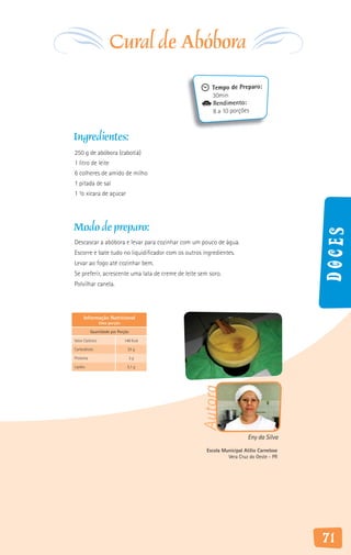 Cural de Abóbora
                                                        Tempo de Preparo:
                                                        30min
                                                        Rendimento:
                                                        8 a 10 porções



Ingredientes:
250 g de abóbora (cabotiá)
1 litro de leite
6 colheres de amido de milho
1 pitada de sal
1 ½ xícara de açúcar




Modo de preparo:




                                                                                          Doces
Descascar a abóbora e levar para cozinhar com um pouco de água.
Escorre e bate tudo no liquidificador com os outros ingredientes.
Levar ao fogo até cozinhar bem.
Se preferir, acrescente uma lata de creme de leite sem soro.
Polvilhar canela.




      Informação Nutricional
                 Uma porção

           Quantidade por Porção

Valor Calórico                148 Kcal

Carboidrato                    25 g

Proteína                           3g

Lipídio                        3,1 g
                                                   Autora




                                                                         Eny da Silva
                                                      Escola Municipal Atílio Carnelose
                                                               Vera Cruz do Oeste - PR




                                                                                          71
 