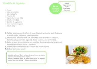 Omelete de Legumes 150kcal
10g proteínas
12g HC
4,5g Lípidos
(1 pessoa)● 2 ovos
● sal e pimenta q.b.
● 1 dente de alho
● Pimento (1)
● Cogumelos Frescos (40g)
● Alho Francês (40g)
● 1 colher de sopa azeite
● Ervas Aromáticas a gosto
● Cebola (40g)
1. Saltear a cebola com 1 colher de sopa de azeite e duas de água. Adicionar
o alho francês, o pimento e os cogumelos.
2. Mexer bem, temperar com sal, pimenta e ervas aromáticas (orégãos,
tomilho, salsa, coentros, a gosto). Deixar cozinhar por 10 minutos.
3. Bater os ovos (primeiro claras em castelo e depois acrescentar as gemas),
homogeneizar bem, juntar à frigideira.
4. Cozinhar em lume brando e ir virando até cozinhar bem.
5. Dobrar ao meio e servir!
Só 150
Kcal por
pessoa!
ALMOÇO: adicionar 3 a 4 colheres de arroz branco ou cuscus
cozido e uma salada de alface simples.
JANTAR: adicionar salada de alface com rúcula ou legumes
cozidos (não mais de 150g- 1 chávena almoçadeira)
 