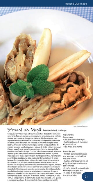 Rancho Queimado
21
foto: Cristiane Fontinha
Strudel de Maçã Receita de Letícia Weigert
Coloque a farinha de trigo sobre uma superfície de trabalho formando
um monte. Faça um buraco no centro e junte a manteiga, o sal e o leite.
Amasse até a massa se desprender da superfície. Em seguida, bata
vigorosamente, até a massa fazer bolhas, ficar homogênea como massa
de pastel. Deixe descansar por cerca de 30 min. Pré-aqueça o forno
(220º C). Prepare o recheio: numa tigela grande, coloque as fatias de
maçã, o açúcar, a canela, as passas e a casca de limão, misture e reserve.
Cubra a superfície de trabalho com um pano limpo e fino e polvilhe
com bastante farinha de trigo. Com um rolo, abra a massa delicadamente
até ficar quase transparente. Usando uma tesoura, elimine as partes
mais grossas da massa e pincele com manteiga derretida. Polvilhe com
as amêndoas picadas uma faixa horizontal de massa (com 10 cm de
largura). Por cima, distribua a mistura de maçã, deixando um espaço
de cerca de 4 cm nas duas extremidades da faixa de massa para o
recheio não escapar quando enrolar o strudel. Levante o pano, enrole o
strudel sobre o recheio. Continue a enrolar a massa como se fosse um
rocambole. Pincele a parte superior com manteiga derretida e polvilhe
com farinha de rosca. Unte uma assadeira com manteiga. Achate as
pontas do strudel com uma espátula e coloque-o na assadeira. Leve ao
forno pré-aquecido e asse por 10 minutos. Reduza a temperatura para
180°C e asse por cerca de 20 minutos ou até ficar dourado. Leve quente
à mesa acompanhado de creme de leite fresco batido em chantilly.
Ingredientes:
Para massa
• 250 g de farinha de trigo
• 4 colheres (sopa) de manteiga
• 1 pitada de sal
• 180 ml de leite morno
Para o Recheio
• 4 maçãs grandes descascadas,
sem semente e em fatias finas
• 45 g de açúcar
• 1 colher (chá) de canela em pó
• 50g de uvas passas brancas,
sem semente
• ½ colher (sopa) de raspa de limão
• Manteiga para -pincelar
•½xícaradeamêndoas
sem pele, picadas
 