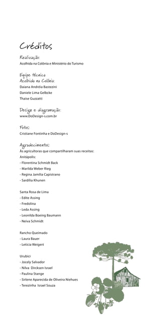 Créditos
Realização:
Acolhida na Colônia e Ministério do Turismo
Equipe técnica
Acolhida na Colônia:
Daiana Andréia Bastezini
Daniele Lima Gelbcke
Thaise Guzzatti
Design e diagramação:
www.DoDesign-s.com.br
Fotos:
Cristiane Fontinha e DoDesign-s
Agradecimentos:
Às agricultoras que compartilharam suas receitas:
Anitápolis:
- Florentina Schmidt Back
- Marilda Weber Rieg
- Regina Jamília Capistrano
- Sardília Khunen
Santa Rosa de Lima
- Edite Assing
- Fredolina
- Leda Assing
- Leonilda Boeing Baumann
- Neiva Schmidt
Rancho Queimado
- Laura Bauer
- Letícia Weigert
Urubici
- Jocely Salvador
- Nilva Dircksen Israel
- Paulina Stange
- Sirlene Aparecida de Oliveira Niehues
- Terezinha Israel Souza
 