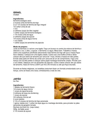 ISRAEL
Challah

Ingredientes:
fermento biológico seco
2 xícaras (chá) de farinha de trigo
2 a 2 1/2 xícaras de farinha de trigo integral
1/2 colher (chá) de sal
1 ovo
2 colheres (sopa) de óleo vegetal
1 colher (sopa) de fermento biológico
1 1/4 xícara (chá) de água
2 colheres (sopa) de açúcar
1/4 xícara (chá) de água morna
1 ovo batido
1 colher (sopa) de sementes de papoula

Modo de preparo:
Junte as farinhas e o sal em uma tigela. Faça um buraco no centro da mistura de farinha e
adicione o ovo, o óleo, o açúcar, o fermento e a água. Mexa bem. Trabalhe a massa
sobre uma superfície polvilhada adicionando mais farinha de trigo até que a massa fique
lisa e elástica. Coloque em uma tigela untada. Cubra com uma toalha úmida e deixe
crescer até que dobre de tamanho por cerca de 1 hora. Divida a massa em três partes.
Enrole cada parte em fôrma de corda com cerca de 20 cm de comprimento. Faça uma
trança com as três partes e coloque sobre papel manteiga levemente untado. Pincele com
o ovo batido. Salpique com as sementes de papoula. Cubra e deixe crescer até que dobre
de tamanho. Asse em forno a 200oC por 40 a 45 minutos ou até que fique dourado.

Durante as festas religiosas, os israelitas costumam fazer um formato arredondado com a
trança, como se fosse uma rosca, simbolizando a roda da vida.



JAPÃO
An Pan

Ingredientes:
1 tablete de fermento fresco
1/4 xícara de água morna
1 xícara de água fervente
3 colheres de sopa de shortening
1 xícara de açúcar
3/4 colheres chá de sal
2 ovos batidos
4 1/2 a 5 xícaras de farinha de trigo peneirada
1 gema, batida com 1 colher de sopa água ou manteiga derretida, para pincelar os pães
sementes de gergelim torrado
Recheio de Koshi An :(veja notas)
500g de feijão azuki
2 1/2 xícaras de açúcar
 