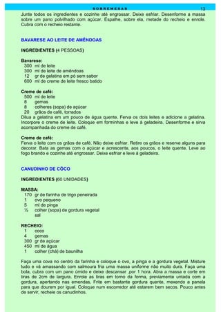 sobremesas                                       13
Junte todos os ingredientes e cozinhe até engrossar. Deixe esfriar. Desenforme a massa
sobre um pano polvilhado com açúcar. Espalhe, sobre ela, metade do recheio e enrole.
Cubra com o recheio restante.


BAVARESE AO LEITE DE AMÊNDOAS

INGREDIENTES (4 PESSOAS)

Bavarese:
 300 ml de leite
 300 ml de leite de amêndoas
 12 gr de gelatina em pó sem sabor
 600 ml de creme de leite fresco batido

Creme de café:
  500 ml de leite
  8    gemas
  8    colheres (sopa) de açúcar
  20 grãos de café, torrados
Dilua a gelatina em um pouco de água quente. Ferva os dois leites e adicione a gelatina.
Incorpore o creme de leite. Coloque em forminhas e leve à geladeira. Desenforme e sirva
acompanhada do creme de café.

Creme de café:
Ferva o leite com os grãos de café. Não deixe esfriar. Retire os grãos e reserve alguns para
decorar. Bata as gemas com o açúcar e acrescente, aos poucos, o leite quente. Leve ao
fogo brando e cozinhe até engrossar. Deixe esfriar e leve à geladeira.


CANUDINHO DE CÔCO

INGREDIENTES (60 UNIDADES)

MASSA:
 170 gr de farinha de trigo peneirada
 1   ovo pequeno
 5   ml de pinga
 ½   colher (sopa) de gordura vegetal
     sal

RECHEIO:
 1   coco
 4   gemas
 300 gr de açúcar
 450 ml de água
 1   colher (chá) de baunilha

Faça uma cova no centro da farinha e coloque o ovo, a pinga e a gordura vegetal. Misture
tudo e vá amassando com salmoura fria uma massa uniforme não muito dura. Faça uma
bola, cubra com um pano úmido e deixe descansar ,por 1 hora. Abra a massa e corte em
tiras de 2cm de largura. Enrole as tiras em torno da forma, previamente untada com a
gordura, apertando nas emendas. Frite em bastante gordura quente, mexendo a panela
para que dourem por igual. Coloque num escorredor até estarem bem secos. Pouco antes
de servir, recheie os canudinhos.
 