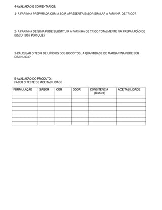 4-AVALIAÇÃO E COMENTÁRIOS:

1- A FARINHA PREPARADA COM A SOJA APRESENTA SABOR SIMILAR A FARINHA DE TRIGO?




2- A FARINHA DE SOJA PODE SUBSTITUIR A FARINHA DE TRIGO TOTALMENTE NA PREPARAÇÃO DE
BISCOITOS? POR QUE?




3-CALCULAR O TEOR DE LIPÍDIOS DOS BISCOITOS. A QUANTIDADE DE MARGARINA PODE SER
DIMINUIDA?




5-AVALIAÇÃO DO PRODUTO:
FAZER O TESTE DE ACEITABILIDADE

FORMULAÇÃO      SABOR        COR     ODOR      CONSITÊNCIA       ACEITABILIDADE
                                                 (textura)
 