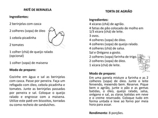 PATÊ DE BERINJELA
Ingredientes:
2 berinjelas com casca
2 colheres (sopa) de óleo
1 cebola picadinha
2 tomates
1 colher (chá) de queijo ralado
(opcional)
1 colher (sopa) de maisena
Modo de preparo:
Cozinhe em água e sal as berinjelas
com casca. Passe por peneira. Faça um
refogado com óleo, cebola picadinha e
tomates. Junte as berinjelas passadas
por peneira e sal. Coloque o queijo
ralado e engrosse com a maisena.
Utilize este patê em biscoitos, torradas
ou como recheio de sanduíches.
TORTA DE AGRIÃO
Ingredientes:
4 xícaras (chá) de agrião.
4 fatias de pão colocado de molho em
1/3 xícara (chá) de leite.
3 ovos.
4 colheres (sopa) de óleo.
4 colheres (sopa) de queijo ralado.
4 colheres (chá) de salsa.
Sal e Orégano a gosto.
2 colheres (sopa) farinha de trigo.
2 colheres (sopa) de óleo.
1 xícara (chá) de leite.
Modo de preparo:
Em uma panela misture a farinha e as 2
colheres (sopa) de óleo. Junte o leite
fervendo, mexendo bem. Reserve. Pique
bem o agrião, junte o pão e as gemas
batidas, o óleo, queijo ralado, salsa,
orégano e sal, as claras batidas em neve
e o creme reservado. Coloque tudo em
forma untada e leve ao forno por meia
hora para assar.
Rendimento: 8 porções.
 