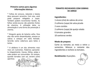 Primeiro vamos para algumas
informações básicas:
* Folhas de cenoura, rabanete e batata
doce possuem serventia. Com elas, você
pode preparar refogados e sopas.
Também podem incrementar farofas. As
folhas verde-escuras são potentes fontes
de vitamina. A utilização delas na
alimentação é uma forma de prevenção à
anemia.
* Ninguém gosta de bolacha velha. Para
elas não serem desperdiçadas, amasse as
sobras e coloque em vidro fechado.
Servirão como cobertura para bolos e
tortas.
* A abóbora é um dos alimentos mais
ricos em nutrientes. Podemos aproveitá-
la integralmente. Cascas, folhas, polpa e
cabo podem ser consumidos. Os caroços,
quando torrados com sal, servem como
aperitivo.
TOMATES RECHEADOS COM SOBRAS
DE ARROZ
Ingredientes:
1 xícara (chá) de sobras de arroz
2 colheres (sopa) de salsa picada
2 ovos cozidos
2 colheres (sopa) de queijo ralado
6 tomates grandes
10 azeitonas verdes
Modo de preparo:
Corte os tomates ao meio e retire a
sementes. Misture o restante dos
ingredientes e recheie os tomates.
Rendimento: 8 porções.
 