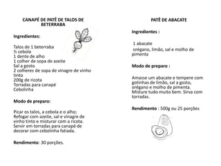 CANAPÉ DE PATÊ DE TALOS DE
BETERRABA
Ingredientes:
Talos de 1 beterraba
½ cebola
1 dente de alho
1 colher de sopa de azeite
Sal a gosto
2 colheres de sopa de vinagre de vinho
tinto
200g de ricota
Torradas para canapé
Cebolinha
Modo de preparo:
Picar os talos, a cebola e o alho;
Refogar com azeite, sal e vinagre de
vinho tinto e misturar com a ricota.
Servir em torradas para canapé de
decorar com cebolinha fatiada.
Rendimento: 30 porções.
PATÊ DE ABACATE
Ingredientes :
1 abacate
orégano, limão, sal e molho de
pimenta
Modo de preparo :
Amasse um abacate e tempere com
gotinhas de limão, sal a gosto,
orégano e molho de pimenta.
Misture tudo muito bem. Sirva com
torradas.
Rendimento : 500g ou 25 porções
 