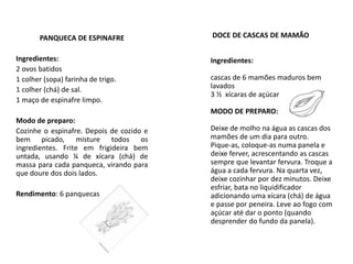 DOCE DE CASCAS DE MAMÃO
Ingredientes:
cascas de 6 mamões maduros bem
lavados
3 ½ xícaras de açúcar
MODO DE PREPARO:
Deixe de molho na água as cascas dos
mamões de um dia para outro.
Pique-as, coloque-as numa panela e
deixe ferver, acrescentando as cascas
sempre que levantar fervura. Troque a
água a cada fervura. Na quarta vez,
deixe cozinhar por dez minutos. Deixe
esfriar, bata no liquidificador
adicionando uma xícara (chá) de água
e passe por peneira. Leve ao fogo com
açúcar até dar o ponto (quando
desprender do fundo da panela).
PANQUECA DE ESPINAFRE
Ingredientes:
2 ovos batidos
1 colher (sopa) farinha de trigo.
1 colher (chá) de sal.
1 maço de espinafre limpo.
Modo de preparo:
Cozinhe o espinafre. Depois de cozido e
bem picado, misture todos os
ingredientes. Frite em frigideira bem
untada, usando ¼ de xícara (chá) de
massa para cada panqueca, virando para
que doure dos dois lados.
Rendimento: 6 panquecas
 