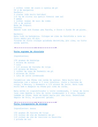 1 colher (chá) de cravo e canela em pó
50 g de margarina
Recheio:
5 claras (não muito batidas)
1/2 kg de ricota (ou queijo fresco) sem sal
5 gemas
1 colher (sopa) de suco de limão
150 g de açúcar
Modo de Preparo
Farofa:
Amasse tudo até formar uma farofa, e forre o fundo de um pirex.

Recheio:
Bata tudo na batedeira. Coloque em cima da farofinha e leve ao
forno médio por 40 min.
Tirando do forno coloque goiabada derretida, por cima, na torta
ainda quente.



Torta suprema de chocolate

Ingredientes:

150 gramas de manteiga
1 xícara de açúcar
7 ovos
1 1/2 xícara de farinha de trigo
1/2 xícara de Nescau
1 colher de sopa de fermento em pó
5 xícaras de leite
1 lata de leite condensado

Caramelize uma fôrma com calda de açúcar. Bata muito bem a
manteiga com o açúcar e 3 ovos inteiros. Junte a farinha de
trigo, o Nescau, o fermento e 1/2 xícara de leite. Bata tudo
muito bem e despeje na fôrma por cima da calda.

Bata então no liquidificador o leite condensado, 2 latas de leite
(use como medida a lata de leite condensado) e 4 ovos. Despeje
também na fôrma. Asse em banho maria por uma hora. Desenforme
depois de frio, se possível gelado.


Torta transparente de morango

Ingredientes: massa

150 gramas de farinha de trigo
1/2 colher de chá de fermento em pó
1/2 colher de chá de vanilina ou baunilha
1 pitada de sal
 