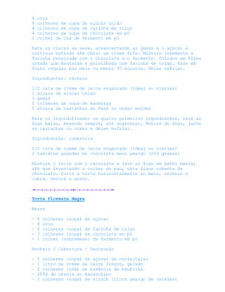 8   ovos
8   colheres de sopa   de açúcar união
4   colheres de sopa   de farinha de trigo
4   colheres de sopa   de chocolate em pó
1   colher de chá de   fermento em pó

Bata as claras em neve, acrescentando as gemas e o açúcar e
continue batendo até obter um creme fofo. Misture levemente a
farinha peneirada com o chocolate e o fermento. Coloque em fôrma
untada com manteiga e polvilhada com farinha de trigo. Asse em
forno regular por mais ou menos 35 minutos. Deixe esfriar.

Ingredientes: recheio

1/2 lata de creme de leite evaporado (Ideal ou similar)
1 xícara de açúcar união
3 gemas
2 colheres de sopa de manteiga
1 xícara de castanhas do Pará ou nozes moídas

Bata no liquidificador os quatro primeiros ingredientes, leve ao
fogo baixo, mexendo sempre, até engrossar. Retire do fogo, junte
as castanhas ou nozes e deixe esfriar.

Ingredientes: cobertura

1/2 lata de creme de leite evaporado (Ideal ou similar)
2 tabletes grandes de chocolate meio amargo (200 gramas)

Misture o leite com o chocolate e leve ao fogo em banho maria,
até que levantando a colher de pau, esta fique coberta de
chocolate. Corte a torta horizontalmente ao meio, recheie e
cubra. Decore a gosto.



Torta Floresta Negra

Massa

-   8   colheres (sopa) de   açúcar
-   8   ovos
-   6   colheres (sopa) de   farinha de trigo
-   3   colheres (sopa) de   chocolate em pó
-   1   colher (sobremesa)   de fermento em pó

Recheio / Cobertura / Decoração

-   5 colheres (sopa) de açúcar de confeiteiro
-   1 litro de creme de leite fresco, gelado
-   2 colheres (chá) de essência de baunilha
-   200g de cereja ao maraschino
-   2 colheres (sopa) de kirsch (licor amargo de cerejas)
 