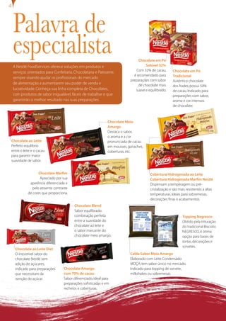Palavra de
 especialista                                                                   Chocolate em Pó
                                                                                    Solúvel 32%
 A Nestlé FoodServices oferece soluções em produtos e
                                                                               Com 32% de cacau,      Chocolate em Pó
 serviços orientados para Confeitaria, Chocolataria e Patisserie,
                                                                             é recomendado para       Tradicional
 sempre visando ajudar os profissionais do mercado
                                                                           preparações com sabor      Autêntico chocolate
 de alimentação a aumentarem seu poder de venda e                               de chocolate mais     dos frades, possui 50%
 lucratividade. Conheça sua linha completa de Chocolates,                     suave e equilibrado.    de cacau. Indicado para
 com produtos de sabor inigualável, fáceis de trabalhar e que                                         preparações com sabor,
 garantirão o melhor resultado nas suas preparações.                                                  aroma e cor intensos
                                                                                                      de chocolate.



                                                              Chocolate Meio
                                                              Amargo
                                                              Destaca o sabor,
                                                              o aroma e a cor
Chocolate ao Leite                                            pronunciada de cacau
Perfeito equilíbrio                                           em mousses, ganaches,
entre o leite e o cacau                                       coberturas, etc.
para garantir maior
suavidade de sabor.


                 Chocolate Marfim                                                      Cobertura Hidrogenada ao Leite
                  Apreciado por sua                                                    Cobertura Hidrogenada Marfim Nestlé
            aparência diferenciada e                                                   Dispensam a temperagem ou pré-
             pelo atraente contraste                                                   cristalização e são mais resistentes a altas
           de cores que proporciona.                                                   temperaturas. Ideais para sobremesas,
                                                                                       decorações finas e acabamentos.
                                        Chocolate Blend
                                        Sabor equilibrado:
                                        combinação perfeita                                                  Topping Negresco
                                        entre a suavidade do                                                 Obtido pela trituração
                                        chocolate ao leite e                                                 do tradicional Biscoito
                                        o sabor marcante do                                                  NEGRESCO, é ótima
                                        chocolate meio amargo.                                               opção para bases de
                                                                                                             tortas, decorações e
                                                                                                             sorvetes.
  Chocolate ao Leite Diet
  O irresistível sabor do                                                  Calda Sabor Meio Amargo
  chocolate Nestlé sem                                                     Elaborado com Leite Condensado
  adição de açúcares,                                                      MOÇA, tem sabor único no mercado.
  indicado para preparações      Chocolate Amargo                          Indicado para topping de sorvete,
  que necessitam da              com 70% de cacau                          milkshakes ou sobremesas.
  isenção do açúcar.             Sabor diferenciado, ideal para
                                 preparações sofisticadas e em
                                 recheios e coberturas.
 