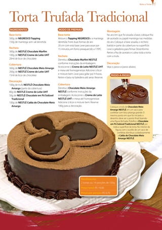 bolos e tortas




Torta Trufada Tradicional
INgREDIENTES                             MODO DE PREPARO
                                                                                          Montagem
Base torta                               Base torta                                       No aro em que foi assada a base, coloque fita
300g de NEgRESCO Topping                 Misture o Topping NEgRESCO e a manteiga          de acetado ou papel manteiga nas medidas
150g de manteiga sem sal derretida       derretida. Forre duas formas de aro              do aro. Coloque a base assada, o recheio
                                         20 cm com esta base. Leve para assar por         batido e parte da cobertura na superfície.
Recheio                                  15 minutos, em forno preaquecido a 170ºC.        Leve à geladeira para firmar. Desenforme.
300g de NESTLÉ Chocolate Marfim                                                           Retire a fita de acetato e cubra toda a torta
100g de NESTLÉ Creme de Leite UHT        Recheio                                          com a trufa.
20ml de licor de chocolate               Derreta o Chocolate Marfim NESTLÉ
                                         conforme instruções da embalagem.                Decoração
Cobertura
                                         Acrescente o Creme de Leite NESTLÉ UHT           Veja o passo-a-passo abaixo.
300g de NESTLÉ Chocolate Meio Amargo
                                         e mexa até homogeneizar. Adicione o licor
200g de NESTLÉ Creme de Leite UHT
                                         e misture bem. Leve para gelar por 4 horas.
15ml de licor de chocolate                                                                   PASSO-A-PASSO
                                         Retire e bata na batedeira até aerar. Reserve.
Decoração
100g de trufa NESTLÉ Chocolate Meio      Cobertura
  Amargo (parte da cobertura)            Derreta o Chocolate Meio Amargo
80g de NESTLÉ Creme de Leite UHT         NESTLÉ conforme instruções da
50g de NESTLÉ Chocolate em Pó Solúvel    embalagem. Acrescente o Creme de Leite
  Tradicional                            NESTLÉ UHT e mexa até homogeneizar.
100g de NESTLÉ Calda de Chocolate Meio   Adicione o licor e misture bem. Reserve
  Amargo                                 100g para a decoração.                              Coloque a trufa de Chocolate Meio
                                                                                             Amargo NESTLÉ em um saco para
                                                                                             confeitar com bico pitanga grande. O
                                                                                             mesmo ponto em que for iniciado o
                                                                                             desenho deve ser o ponto final, fazendo
                                                                                             uma figura fechada. Polvilhe o Chocolate
                                                                                             em Pó Solúvel Tradicional NESTLÉ por
                                                                                                toda a superfície da torta. No interior da
                                                                                                  figura, com o auxílio de um saco de
                                                                                                     confeitar, distribua cuidadosamente
                                                                                                      a Calda de Chocolate Meio
                                                                                                      Amargo NESTLÉ.




                                                                Rendimento:
                                                                2 tortas ou 14 porções de 100g
                                                                Preço total: R$ 19,00
                                                                Preço por porção: R$ 0,70
 