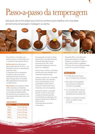 Passo-a-passo da temperagem
Veja quais são as três etapas que é preciso conhecer para trabalhar com chocolate:
derretimento, temperagem, moldagem ou banho.

  35ºC                       a
                          40 / 45ºC        37ºC                    29ºC                  29ºC




         derretimento                             temperagem                   moldagem ou banho


Para derreter o chocolate, use o        Essa operação consiste em esfriar       Atingindo 29ºC, o chocolate está
banho-maria ou o microondas, com        lentamente o chocolate derretido,       pronto para banhar ou moldar.
o cuidado de não aquecer demais.        mexendo delicadamente até               Coloque o chocolate no molde ou
                                        que atinja entre 29ºC a 30ºC,           faça o banho e leve-o à geladeira
Banho-maria: não deixe que a
                                        temperatura ideal para usá-lo em        (10ºC) por 20 minutos. Peças banhadas
água aqueça demais ou ferva – sua
                                        banho ou moldagem.                      secam em cerca de 10 minutos.
temperatura deve ser suportável ao
toque das mãos.                         Para começar a resfriar o chocolate,
É importante que os recipientes         transfira para outro refratário seco    Algumas dicas
do banho-maria se encaixem              mexendo constantemente.
perfeitamente para evitar que o
                                                                                n   O molde deve estar limpo e
                                        Coloque a vasilha com o chocolate           seco e à temperatura ambiente.
vapor da água atinja o chocolate.
                                        derretido sobre outro refratário
Mexa delicadamente até derreter
                                        maior contendo água fria. Em            n   Não utilize recheios gelados,
completamente.
                                        quantidades maiores, esfrie a               pois provocam rachaduras e
Microondas: use a potência média        massa em mármore bem seco                   manchas no chocolate.
(50%), mexendo na metade do             mexendo-o com uma espátula.
tempo para uniformizar o calor. Siga                                            n   Se o chocolate esfriar durante
                                        Importante resfriar o chocolate
as instruções da tabela ao lado.                                                    o manuseio, torne a aquecê-lo
                                        até 29ºC e 30ºC. Se não estiver
No derretimento, a temperatura do                                                   delicadamente até atingir 29ºC.
                                        usando termômetro, perceba
chocolate derretido deve estar entre
                                        essa temperatura colocando uma
40ºC a 45ºC.                                                                    n   Colocar o chocolate no freezer
                                        pequena porção sob os lábios ou
                                                                                    corta o seu brilho e reduz
                                        sobre o pulso.
 MICROONDAS                                                                         seu sabor
                                        A sensação deve ser de frio
 Peso (g)      Tempo (potência média)   e não morno.
 100 g          1 min e 40 seg
 300 g          2 min e 20 seg
 500 g          2 min e 45 seg
 700 g          3 min e 25 seg
 1000 g         4 min e 35 seg
 