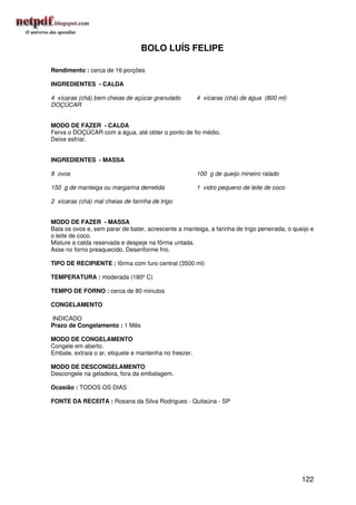 BOLO LUÍS FELIPE

Rendimento : cerca de 16 porções

INGREDIENTES - CALDA

4 xícaras (chá) bem cheias de açúcar granulado          4 xícaras (chá) de água (800 ml)
DOÇÚCAR


MODO DE FAZER - CALDA
Ferva o DOÇÚCAR com a água, até obter o ponto de fio médio.
Deixe esfriar.


INGREDIENTES - MASSA

8 ovos                                                  100 g de queijo mineiro ralado

150 g de manteiga ou margarina derretida                1 vidro pequeno de leite de coco

2 xícaras (chá) mal cheias de farinha de trigo


MODO DE FAZER - MASSA
Bata os ovos e, sem parar de bater, acrescente a manteiga, a farinha de trigo peneirada, o queijo e
o leite de coco.
Misture a calda reservada e despeje na fôrma untada.
Asse no forno preaquecido. Desenforme frio.

TIPO DE RECIPIENTE : fôrma com furo central (3500 ml)

TEMPERATURA : moderada (180º C)

TEMPO DE FORNO : cerca de 80 minutos

CONGELAMENTO

INDICADO
Prazo de Congelamento : 1 Mês

MODO DE CONGELAMENTO
Congele em aberto.
Embale, extraia o ar, etiquete e mantenha no freezer.

MODO DE DESCONGELAMENTO
Descongele na geladeira, fora da embalagem.

Ocasião : TODOS OS DIAS

FONTE DA RECEITA : Rosana da Silva Rodrigues - Quitaúna - SP




                                                                                              122
 