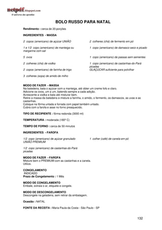 BOLO RUSSO PARA NATAL
Rendimento : cerca de 20 porções

INGREDIENTES - MASSA

2 copos (americano) de açúcar UNIÃO                  2 colheres (chá) de fermento em pó

1 e 1/2 copo (americano) de manteiga ou              1 copo (americano) de damasco seco e picado
margarina com sal

5 ovos                                               1 copo (americano) de passas sem sementes

2 colheres (chá) de vodka                            1 copo (americano) de castanhas-do-Pará
                                                     picadas
2 copos (americano) de farinha de trigo              GLAÇÚCAR suficiente para polvilhar

3 colheres (sopa) de amido de milho


MODO DE FAZER - MASSA
Na batedeira, bata o açúcar com a manteiga, até obter um creme fofo e claro.
Adicione os ovos, um a um, batendo sempre a cada adição.
Acrescente a vodka e bata até misturar bem.
Retire a massa da batedeira e misture a farinha, o amido, o fermento, os damascos, as uvas e as
castanhas.
Coloque na fôrma untada e forrada com papel também untado.
Cubra com a farofa e asse no forno preaquecido.

TIPO DE RECIPIENTE : fôrma redonda (3000 ml)

TEMPERATURA : moderada (180º C)

TEMPO DE FORNO : cerca de 50 minutos

INGREDIENTES - FAROFA

1/2 copo (americano) de açúcar granulado             1 colher (café) de canela em pó
UNIÃO PREMIUM

1/2 copo (americano) de castanhas-do-Pará
picadas

MODO DE FAZER - FAROFA
Misture bem o PREMIUM com as castanhas e a canela.
Utilize.

CONGELAMENTO
INDICADO
Prazo de Congelamento : 1 Mês

MODO DE CONGELAMENTO
Embale, extraia o ar, etiquete e congele.

MODO DE DESCONGELAMENTO
Descongele na geladeira, sem retirar da embalagem.

Ocasião : NATAL

FONTE DA RECEITA : Maria Paula da Costa - São Paulo - SP


                                                                                            132
 