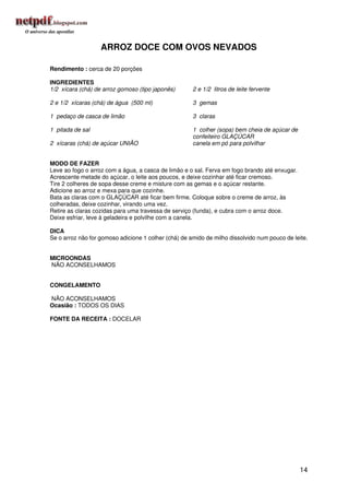 ARROZ DOCE COM OVOS NEVADOS

Rendimento : cerca de 20 porções

INGREDIENTES
1/2 xícara (chá) de arroz gomoso (tipo japonês)       2 e 1/2 litros de leite fervente

2 e 1/2 xícaras (chá) de água (500 ml)                3 gemas

1 pedaço de casca de limão                            3 claras

1 pitada de sal                                       1 colher (sopa) bem cheia de açúcar de
                                                      confeiteiro GLAÇÚCAR
2 xícaras (chá) de açúcar UNIÃO                       canela em pó para polvilhar


MODO DE FAZER
Leve ao fogo o arroz com a água, a casca de limão e o sal. Ferva em fogo brando até enxugar.
Acrescente metade do açúcar, o leite aos poucos, e deixe cozinhar até ficar cremoso.
Tire 2 colheres de sopa desse creme e misture com as gemas e o açúcar restante.
Adicione ao arroz e mexa para que cozinhe.
Bata as claras com o GLAÇÚCAR até ficar bem firme. Coloque sobre o creme de arroz, às
colheradas, deixe cozinhar, virando uma vez.
Retire as claras cozidas para uma travessa de serviço (funda), e cubra com o arroz doce.
Deixe esfriar, leve à geladeira e polvilhe com a canela.

DICA
Se o arroz não for gomoso adicione 1 colher (chá) de amido de milho dissolvido num pouco de leite.


MICROONDAS
NÃO ACONSELHAMOS


CONGELAMENTO

NÃO ACONSELHAMOS
Ocasião : TODOS OS DIAS

FONTE DA RECEITA : DOCELAR




                                                                                               14
 