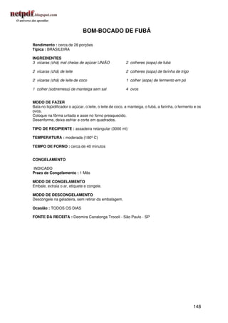 BOM-BOCADO DE FUBÁ

Rendimento : cerca de 28 porções
Típica : BRASILEIRA

INGREDIENTES
3 xícaras (chá) mal cheias de açúcar UNIÃO                2 colheres (sopa) de fubá

2 xícaras (chá) de leite                                  2 colheres (sopa) de farinha de trigo

2 xícaras (chá) de leite de coco                          1 colher (sopa) de fermento em pó

1 colher (sobremesa) de manteiga sem sal                  4 ovos


MODO DE FAZER
Bata no liqüidificador o açúcar, o leite, o leite de coco, a manteiga, o fubá, a farinha, o fermento e os
ovos.
Coloque na fôrma untada e asse no forno preaquecido.
Desenforme, deixe esfriar e corte em quadrados.

TIPO DE RECIPIENTE : assadeira retangular (3000 ml)

TEMPERATURA : moderada (180º C)

TEMPO DE FORNO : cerca de 40 minutos


CONGELAMENTO

INDICADO
Prazo de Congelamento : 1 Mês

MODO DE CONGELAMENTO
Embale, extraia o ar, etiquete e congele.

MODO DE DESCONGELAMENTO
Descongele na geladeira, sem retirar da embalagem.

Ocasião : TODOS OS DIAS

FONTE DA RECEITA : Deomira Canalonga Trocoli - São Paulo - SP




                                                                                                    148
 