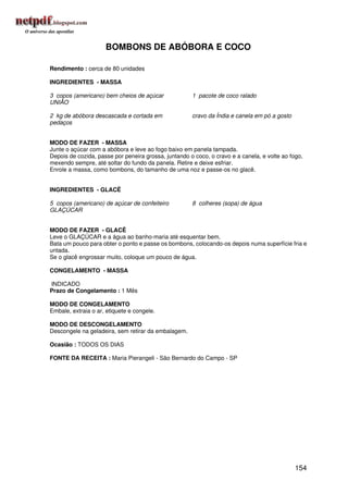 BOMBONS DE ABÓBORA E COCO

Rendimento : cerca de 80 unidades

INGREDIENTES - MASSA

3 copos (americano) bem cheios de açúcar              1 pacote de coco ralado
UNIÃO

2 kg de abóbora descascada e cortada em               cravo da Índia e canela em pó a gosto
pedaços


MODO DE FAZER - MASSA
Junte o açúcar com a abóbora e leve ao fogo baixo em panela tampada.
Depois de cozida, passe por peneira grossa, juntando o coco, o cravo e a canela, e volte ao fogo,
mexendo sempre, até soltar do fundo da panela. Retire e deixe esfriar.
Enrole a massa, como bombons, do tamanho de uma noz e passe-os no glacê.


INGREDIENTES - GLACÊ

5 copos (americano) de açúcar de confeiteiro          8 colheres (sopa) de água
GLAÇÚCAR


MODO DE FAZER - GLACÊ
Leve o GLAÇÚCAR e a água ao banho-maria até esquentar bem.
Bata um pouco para obter o ponto e passe os bombons, colocando-os depois numa superfície fria e
untada.
Se o glacê engrossar muito, coloque um pouco de água.

CONGELAMENTO - MASSA

INDICADO
Prazo de Congelamento : 1 Mês

MODO DE CONGELAMENTO
Embale, extraia o ar, etiquete e congele.

MODO DE DESCONGELAMENTO
Descongele na geladeira, sem retirar da embalagem.

Ocasião : TODOS OS DIAS

FONTE DA RECEITA : Maria Pierangeli - São Bernardo do Campo - SP




                                                                                              154
 