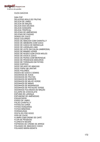 CUCA GAÚCHA

DAN-TOP
DELICIOSO BOLO DE FRUTAS
DELÍCIA DE LIMÃO
DELÍCIA DE MAÇÃS
DELÍCIA DOS DEUSES
DELÍCIA HÚNGARA
DELÍCIA TROPICAL
DELÍCIAS DE AMÊNDOAS
DELÍCIAS DE PASSAS
DENGO DE COCO
DOCE COLORIDO
DOCE DE ABACAXI COM CHANTILLY
DOCE DE ABÓBORA COM COCO
DOCE DE CASCA DE MARACUJÁ
DOCE DE LARANJAS LIMA
DOCE DE LEITE EM CALDA (AMBROSIA)
DOCE DE MAMÃO VERDE
DOCE DE NOZES COM OVOS MOLES
DOCE DE OVOS E COCO
DOCE DE PERAS COM MERENGUE
DOCE DE PÊSSEGOS MADUROS
DOCE DE TORANJAS EM FATIAS
DOCE EXÓTICO
DOCE GELADO DE ABACAXI
DOCE PARA UM JANTAR
DOCE POLONÊS
DOCES DE COCO E GEMAS
DOCINHOS DE AVEIA
DOCINHOS DE FRUTAS
DOCINHOS DE MARZIPÃ
DOCINHOS DE MILHO VERDE
DOCINHOS DE MINAS
DOCINHOS DE MORANGOS
DOCINHOS DE PISTACHE VERDE
DOCINHOS FOLHADOS DE MAÇÃS
ECLAIRS DE CHOCOLATE
ESPUMA DE LARANJA
ESPUMONE DE AMÊNDOAS
ESQUECIDOS
ESSES DE LIMÃO
FALSO CHANTILLY
FATIAS DA CHINA
FATIAS HÚNGARAS
FATIAS MINEIRAS
FERRADURAS
FESTA DO PÃO DOCE
FIOS DE OVOS
FLAMRI COM CREME DE CAFÉ
FLOR DE PÊSSEGO
FLORESTA NEGRA
FOFINHOS DE CREME DE ARROZ
FOLHADO DE ABACAXI E COCO
FOLHADO MARIA BONITA


                                    172
 