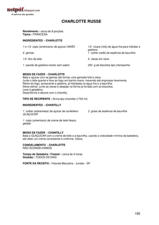 CHARLOTTE RUSSE

Rendimento : cerca de 8 porções
Típica : FRANCESA

INGREDIENTES - CHARLOTTE

1 e 1/3 copo (americano) de açúcar UNIÃO              1/2 xícara (chá) de água fria para hidratar a
                                                      gelatina
6 gemas                                               1 colher (café) de essência de baunilha

1/2 litro de leite                                    6 claras em neve

1 pacote de gelatina incolor sem sabor                250 g de biscoitos tipo champanhe


MODO DE FAZER - CHARLOTTE
Bata o açúcar com as gemas até formar uma gemada fofa e clara.
Junte o leite quente e leve ao fogo em banho-maria, mexendo até engrossar levemente.
Retire do fogo, acrescente a gelatina, já hidratada na água fria e a baunilha.
Deixe esfriar, junte as claras e despeje na fôrma já forrada com os biscoitos.
Leve à geladeira.
Desenforme e decore com o chantilly.

TIPO DE RECIPIENTE : fôrma tipo charlotte (1750 ml)

INGREDIENTES - CHANTILLY

1 colher (sobremesa) de açúcar de confeiteiro         3 gotas de essência de baunilha
GLAÇÚCAR

1 copo (americano) de creme de leite fresco,
gelado


MODO DE FAZER - CHANTILLY
Bata o GLAÇÚCAR com o creme de leite e a baunilha, usando a velocidade mínima da batedeira,
até obter um creme consistente e uniforme. Utilize.

CONGELAMENTO - CHARLOTTE
NÃO ACONSELHAMOS

Tempo de Geladeira / Freezer : cerca de 4 horas
Ocasião : TODOS OS DIAS

FONTE DA RECEITA : Yolanda Mezzalira - Jundiaí - SP




                                                                                              195
 