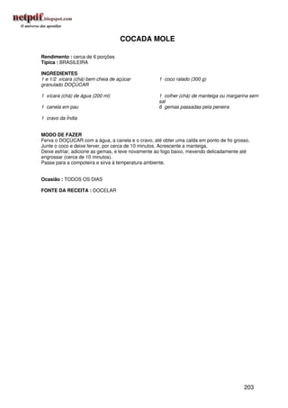 COCADA MOLE

Rendimento : cerca de 6 porções
Típica : BRASILEIRA

INGREDIENTES
1 e 1/2 xícara (chá) bem cheia de açúcar           1 coco ralado (300 g)
granulado DOÇÚCAR

1 xícara (chá) de água (200 ml)                    1 colher (chá) de manteiga ou margarina sem
                                                   sal
1 canela em pau                                    6 gemas passadas pela peneira

1 cravo da Índia


MODO DE FAZER
Ferva o DOÇÚCAR com a água, a canela e o cravo, até obter uma calda em ponto de fio grosso.
Junte o coco e deixe ferver, por cerca de 10 minutos. Acrescente a manteiga.
Deixe esfriar, adicione as gemas, e leve novamente ao fogo baixo, mexendo delicadamente até
engrossar (cerca de 10 minutos).
Passe para a compoteira e sirva à temperatura ambiente.


Ocasião : TODOS OS DIAS

FONTE DA RECEITA : DOCELAR




                                                                                        203
 