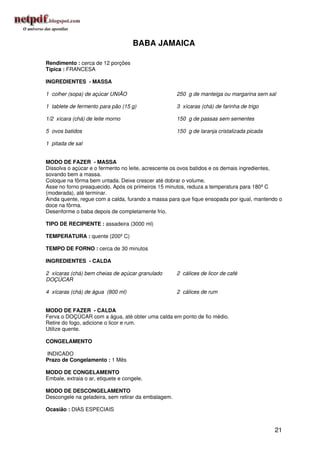 BABA JAMAICA

Rendimento : cerca de 12 porções
Típica : FRANCESA

INGREDIENTES - MASSA

1 colher (sopa) de açúcar UNIÃO                      250 g de manteiga ou margarina sem sal

1 tablete de fermento para pão (15 g)                3 xícaras (chá) de farinha de trigo

1/2 xícara (chá) de leite morno                      150 g de passas sem sementes

5 ovos batidos                                       150 g de laranja cristalizada picada

1 pitada de sal


MODO DE FAZER - MASSA
Dissolva o açúcar e o fermento no leite, acrescente os ovos batidos e os demais ingredientes,
sovando bem a massa.
Coloque na fôrma bem untada. Deixe crescer até dobrar o volume.
Asse no forno preaquecido. Após os primeiros 15 minutos, reduza a temperatura para 180º C
(moderada), até terminar.
Ainda quente, regue com a calda, furando a massa para que fique ensopada por igual, mantendo o
doce na fôrma.
Desenforme o baba depois de completamente frio.

TIPO DE RECIPIENTE : assadeira (3000 ml)

TEMPERATURA : quente (200º C)

TEMPO DE FORNO : cerca de 30 minutos

INGREDIENTES - CALDA

2 xícaras (chá) bem cheias de açúcar granulado       2 cálices de licor de café
DOÇÚCAR

4 xícaras (chá) de água (800 ml)                     2 cálices de rum


MODO DE FAZER - CALDA
Ferva o DOÇÚCAR com a água, até obter uma calda em ponto de fio médio.
Retire do fogo, adicione o licor e rum.
Utilize quente.

CONGELAMENTO

INDICADO
Prazo de Congelamento : 1 Mês

MODO DE CONGELAMENTO
Embale, extraia o ar, etiquete e congele.

MODO DE DESCONGELAMENTO
Descongele na geladeira, sem retirar da embalagem.

Ocasião : DIAS ESPECIAIS


                                                                                            21
 