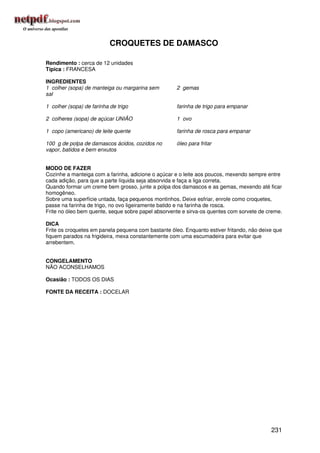 CROQUETES DE DAMASCO

Rendimento : cerca de 12 unidades
Típica : FRANCESA

INGREDIENTES
1 colher (sopa) de manteiga ou margarina sem         2 gemas
sal

1 colher (sopa) de farinha de trigo                  farinha de trigo para empanar

2 colheres (sopa) de açúcar UNIÃO                    1 ovo

1 copo (americano) de leite quente                   farinha de rosca para empanar

100 g de polpa de damascos ácidos, cozidos no        óleo para fritar
vapor, batidos e bem enxutos


MODO DE FAZER
Cozinhe a manteiga com a farinha, adicione o açúcar e o leite aos poucos, mexendo sempre entre
cada adição, para que a parte líquida seja absorvida e faça a liga correta.
Quando formar um creme bem grosso, junte a polpa dos damascos e as gemas, mexendo até ficar
homogêneo.
Sobre uma superfície untada, faça pequenos montinhos. Deixe esfriar, enrole como croquetes,
passe na farinha de trigo, no ovo ligeiramente batido e na farinha de rosca.
Frite no óleo bem quente, seque sobre papel absorvente e sirva-os quentes com sorvete de creme.

DICA
Frite os croquetes em panela pequena com bastante óleo. Enquanto estiver fritando, não deixe que
fiquem parados na frigideira, mexa constantemente com uma escumadeira para evitar que
arrebentem.


CONGELAMENTO
NÃO ACONSELHAMOS

Ocasião : TODOS OS DIAS

FONTE DA RECEITA : DOCELAR




                                                                                           231
 