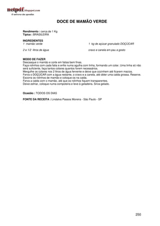 DOCE DE MAMÃO VERDE

Rendimento : cerca de 1 Kg
Típica : BRASILEIRA

INGREDIENTES
1 mamão verde                                       1 kg de açúcar granulado DOÇÚCAR

2 e 1/2 litros de água                              cravo e canela em pau a gosto


MODO DE FAZER
Descasque o mamão e corte em fatias bem finas.
Faça rolinhos com cada fatia e enfie numa agulha com linha, formando um colar. Uma linha só não
será suficiente, faça tantos colares quantos forem necessários.
Mergulhe os colares nos 2 litros de água fervente e deixe que cozinhem até ficarem macios.
Ferva o DOÇÚCAR com a água restante, o cravo e a canela, até obter uma calda grossa. Reserve.
Escorra os rolinhos de mamão e coloque-os na calda.
Ferva a calda com o mamão, até que os rolinhos fiquem transparentes.
Deixe esfriar, coloque numa compoteira e leve à geladeira. Sirva gelado.


Ocasião : TODOS OS DIAS

FONTE DA RECEITA : Lindalva Passos Moreira - São Paulo - SP




                                                                                          250
 