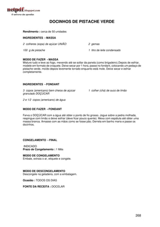 DOCINHOS DE PISTACHE VERDE

Rendimento : cerca de 50 unidades

INGREDIENTES - MASSA

2 colheres (sopa) de açúcar UNIÃO                    2 gemas

100 g de pistache                                    1 litro de leite condensado


MODO DE FAZER - MASSA
Misture tudo e leve ao fogo, mexendo até se soltar da panela (como brigadeiro).Depois de esfriar,
modele em formato de croquete. Deixe secar por 1 hora, passe no fondant, colocando um pedaço de
pistache verde, moído depois levemente torrado enquanto está mole. Deixe secar e esfriar
completamente.



INGREDIENTES - FONDANT

3 copos (americano) bem cheios de açúcar             1 colher (chá) de suco de limão
granulado DOÇÚCAR

2 e 1/2 copos (americano) de água


MODO DE FAZER - FONDANT

Ferva o DOÇÚCAR com a água até obter o ponto de fio grosso. Jogue sobre a pedra molhada,
respingue com limão e deixe esfriar (deve ficar pouco quente). Mexa com espátula até obter uma
massa branca. Amasse com as mãos como se fosse pão. Derreta em banho maria e passe os
docinhos.




CONGELAMENTO - FINAL

INDICADO
Prazo de Congelamento : 1 Mês

MODO DE CONGELAMENTO
Embale, extraia o ar, etiquete e congele.



MODO DE DESCONGELAMENTO
Descongele na geladeira, com a embalagem.

Ocasião : TODOS OS DIAS

FONTE DA RECEITA : DOCELAR




                                                                                            268
 