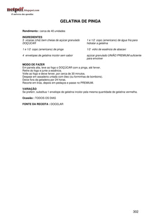 GELATINA DE PINGA

Rendimento : cerca de 40 unidades

INGREDIENTES
5 xícaras (chá) bem cheias de açúcar granulado        1 e 1/2 copo (americano) de água fria para
DOÇÚCAR                                               hidratar a gelatina

1 e 1/2 copo (americano) de pinga                     1/2 vidro de essência de abacaxi

4 envelopes de gelatina incolor sem sabor             açúcar granulado UNIÃO PREMIUM suficiente
                                                      para envolver

MODO DE FAZER
Em panela alta, leve ao fogo o DOÇÚCAR com a pinga, até ferver.
Retire do fogo e junte a essência.
Volte ao fogo e deixe ferver, por cerca de 30 minutos.
Despeje em assadeira untada com óleo (ou forminhas de bombons).
Deixe fora da geladeira por 24 horas.
Recorte em tiras, depois em pedaços e passe no PREMIUM.

VARIAÇÃO
Se preferir, substitua 1 envelope de gelatina incolor pela mesma quantidade de gelatina vermelha.

Ocasião : TODOS OS DIAS

FONTE DA RECEITA : DOCELAR




                                                                                             302
 