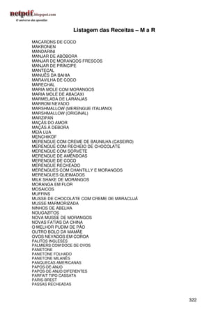 Listagem das Receitas – M a R

MACARONS DE COCO
MAKRONEN
MANDARINI
MANJAR DE ABÓBORA
MANJAR DE MORANGOS FRESCOS
MANJAR DE PRÍNCIPE
MANTECAL
MANUÊS DA BAHIA
MARAVILHA DE COCO
MARECHAL
MARIA MOLE COM MORANGOS
MARIA MOLE DE ABACAXI
MARMELADA DE LARANJAS
MARROM NEVADO
MARSHMALLOW (MERENGUE ITALIANO)
MARSHMALLOW (ORIGINAL)
MARZIPAN
MAÇÃS DO AMOR
MAÇÃS À DÉBORA
MEIA LUA
MENCHIKOF
MERENGUE COM CREME DE BAUNILHA (CASEIRO)
MERENGUE COM RECHEIO DE CHOCOLATE
MERENGUE COM SORVETE
MERENGUE DE AMÊNDOAS
MERENGUE DE COCO
MERENGUE RECHEADO
MERENGUES COM CHANTILLY E MORANGOS
MERENGUES QUEIMADOS
MILK SHAKE DE MORANGOS
MORANGA EM FLOR
MOSAICOS
MUFFINS
MUSSE DE CHOCOLATE COM CREME DE MARACUJÁ
MUSSE MARMORIZADA
NINHOS DE ABELHA
NOUGAZITOS
NOVA MUSSE DE MORANGOS
NOVAS FATIAS DA CHINA
O MELHOR PUDIM DE PÃO
OUTRO BOLO DA MAMÃE
OVOS NEVADOS EM COROA
PALITOS INGLESES
PALMIERS COM DOCE DE OVOS
PANETONE
PANETONE FOLHADO
PANETONE MILANÊS
PANQUECAS AMERICANAS
PAPOS-DE-ANJO
PAPOS-DE-ANJO DIFERENTES
PARFAIT TIPO CASSATA
PARIS-BREST
PASSAS RECHEADAS



                                                 322
 