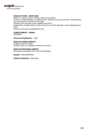 MODO DE FAZER - MONTAGEM
Reserve 1 xícara do recheio e divida o bolo em 2 camadas.
Envolva uma das camadas com papel alumínio, fazendo um aro com cerca de 1 dedo de altura
acima da superfície. Prenda com fita crepe.
Preencha com o recheio e leve à geladeira, até firmar.
Sobreponha a camada restante, cubra o bolo com o recheio reservado e volte à geladeira para
firmar.
Decore com os gomos cristalizados e sirva.

CONGELAMENTO - MASSA
INDICADO

Prazo de Congelamento : 1 Mês

MODO DE CONGELAMENTO
Congele somente a massa.
Embale, extraia o ar, etiquete e mantenha no freezer.

MODO DE DESCONGELAMENTO
Descongele na geladeira, sem retirar da embalagem.

Ocasião : DIAS ESPECIAIS

FONTE DA RECEITA : DOCELAR




                                                                                          330
 