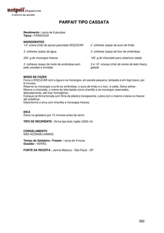 PARFAIT TIPO CASSATA

Rendimento : cerca de 6 porções
Típica : FRANCESA

INGREDIENTES
1/2 xícara (chá) de açúcar granulado DOÇÚCAR         2 colheres (sopa) de suco de limão

3 colheres (sopa) de água                            3 colheres (sopa) de licor de amêndoas

200 g de morangos frescos                            100 g de chocolate para cobertura ralado

3 colheres (sopa) de miolo de amêndoas sem           2 e 1/2 xícaras (chá) de creme de leite fresco,
pele, picadas e torradas                             gelado


MODO DE FAZER
Ferva o DOÇÚCAR com a água e os morangos, em panela pequena, tampada e em fogo baixo, por
8 minutos.
Reserve os morangos e junte as amêndoas, o suco de limão e o licor, à calda. Deixe esfriar.
Misture o chocolate, o creme de leite batido como chantilly e os morangos reservados,
delicadamente, até ficar homogêneo.
Coloque na fôrma forrada com filme de plástico transparente, cubra com o mesmo e deixe no freezer
até solidificar.
Desenforme e sirva com chantilly e morangos frescos.


DICA
Deixe na geladeira por 15 minutos antes de servir.

TIPO DE RECIPIENTE : fôrma tipo bolo inglês (2000 ml)


CONGELAMENTO
NÃO ACONSELHAMOS

Tempo de Geladeira / Freezer : cerca de 4 horas
Ocasião : VERÃO

FONTE DA RECEITA : Janina Mattucci - São Paulo - SP




                                                                                             382
 