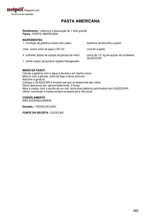 PASTA AMERICANA

Rendimento : cobertura e decoração de 1 bolo grande
Típica : NORTE AMERICANA

INGREDIENTES
1 envelope de gelatina incolor sem sabor           essência de baunilha a gosto

meia xícara (chá) de água (100 ml)                 corante a gosto

4 colheres (sopa) de xarope de glicose de milho    cerca de 1,5 kg de açúcar de confeiteiro
                                                   GLAÇÚCAR
1 colher (sopa) de gordura vegetal hidrogenada


MODO DE FAZER
Hidrate a gelatina com a água e derreta-a em banho-maria.
Misture com a glicose, retire do fogo e deixe amornar.
Adicione a gordura.
Coloque o GLAÇÚCAR e amasse até que se desprenda das mãos.
Deixe descansar por, aproximadamente, 3 horas.
Abra a massa, com o auxílio de um rolo, entre dois plásticos polvilhados com GLAÇÚCAR.
Utilize, mantendo a massa sempre tampada para não secar.

CONGELAMENTO
NÃO ACONSELHAMOS

Ocasião : TODOS OS DIAS

FONTE DA RECEITA : DOCELAR




                                                                                         385
 