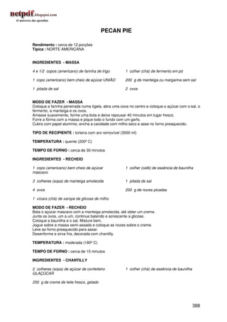 PECAN PIE

Rendimento : cerca de 12 porções
Típica : NORTE AMERICANA


INGREDIENTES - MASSA

4 e 1/2 copos (americano) de farinha de trigo        1 colher (chá) de fermento em pó

1 copo (americano) bem cheio de açúcar UNIÃO         200 g de manteiga ou margarina sem sal

1 pitada de sal                                      2 ovos


MODO DE FAZER - MASSA
Coloque a farinha peneirada numa tigela, abra uma cova no centro e coloque o açúcar com o sal, o
fermento, a manteiga e os ovos.
Amasse suavemente, forme uma bola e deixe repousar 40 minutos em lugar fresco.
Forre a fôrma com a massa e pique todo o fundo com um garfo.
Cubra com papel alumínio, encha a cavidade com milho seco e asse no forno preaquecido.

TIPO DE RECIPIENTE : torteira com aro removível (3000 ml)

TEMPERATURA : quente (200º C)

TEMPO DE FORNO : cerca de 30 minutos

INGREDIENTES - RECHEIO

1 copo (americano) bem cheio de açúcar               1 colher (café) de essência de baunilha
mascavo

3 colheres (sopa) de manteiga amolecida              1 pitada de sal

4 ovos                                               200 g de nozes picadas

1 xícara (chá) de xarope de glicose de milho

MODO DE FAZER - RECHEIO
Bata o açúcar mascavo com a manteiga amolecida, até obter um creme.
Junte os ovos, um a um, continue batendo e acrescente a glicose.
Coloque a baunilha e o sal. Misture bem.
Jogue sobre a massa semi-assada e coloque as nozes sobre o creme.
Leve ao forno preaquecido para assar.
Desenforme e sirva fria, decorada com chantilly.

TEMPERATURA : moderada (180º C)

TEMPO DE FORNO : cerca de 15 minutos

INGREDIENTES - CHANTILLY

2 colheres (sopa) de açúcar de confeiteiro           1 colher (chá) de essência de baunilha
GLAÇÚCAR

250 g de creme de leite fresco, gelado




                                                                                              388
 
