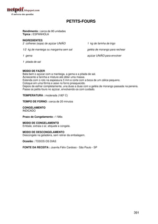 PETITS-FOURS

Rendimento : cerca de 80 unidades
Típica : ESPANHOLA

INGREDIENTES
2 colheres (sopa) de açúcar UNIÃO                    1 kg de farinha de trigo

1/2 kg de manteiga ou margarina sem sal              geléia de morango para rechear

1 gema                                               açúcar UNIÃO para envolver

1 pitada de sal


MODO DE FAZER
Bata bem o açúcar com a manteiga, a gema e a pitada de sal.
Acrescente a farinha e misture até obter uma massa.
Estenda com o rolo na espessura 3 mm e corte com a boca de um cálice pequeno.
Coloque em uma fôrma e asse no forno preaquecido.
Depois de esfriar completamente, una duas a duas com a geléia de morango passada na peneira.
Passe os petits-fours no açúcar, envolvendo-os com cuidado.

TEMPERATURA : moderada (180º C)

TEMPO DE FORNO : cerca de 20 minutos

CONGELAMENTO
INDICADO

Prazo de Congelamento : 1 Mês

MODO DE CONGELAMENTO
Embale, extraia o ar, etiquete e congele.

MODO DE DESCONGELAMENTO
Descongele na geladeira, sem retirar da embalagem.

Ocasião : TODOS OS DIAS

FONTE DA RECEITA : Joanita Félix Cardoso - São Paulo - SP




                                                                                        391
 