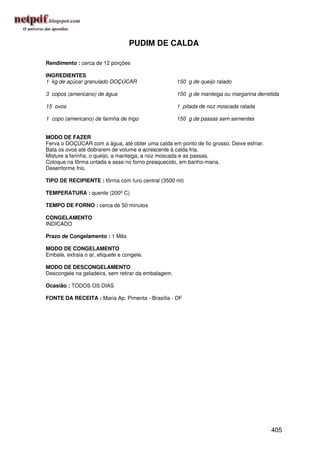 PUDIM DE CALDA

Rendimento : cerca de 12 porções

INGREDIENTES
1 kg de açúcar granulado DOÇÚCAR                     150 g de queijo ralado

3 copos (americano) de água                          150 g de manteiga ou margarina derretida

15 ovos                                              1 pitada de noz moscada ralada

1 copo (americano) de farinha de trigo               150 g de passas sem sementes


MODO DE FAZER
Ferva o DOÇÚCAR com a água, até obter uma calda em ponto de fio grosso. Deixe esfriar.
Bata os ovos até dobrarem de volume e acrescente à calda fria.
Misture a farinha, o queijo, a manteiga, a noz moscada e as passas.
Coloque na fôrma untada e asse no forno preaquecido, em banho-maria.
Desenforme frio.

TIPO DE RECIPIENTE : fôrma com furo central (3500 ml)

TEMPERATURA : quente (200º C)

TEMPO DE FORNO : cerca de 50 minutos

CONGELAMENTO
INDICADO

Prazo de Congelamento : 1 Mês

MODO DE CONGELAMENTO
Embale, extraia o ar, etiquete e congele.

MODO DE DESCONGELAMENTO
Descongele na geladeira, sem retirar da embalagem.

Ocasião : TODOS OS DIAS

FONTE DA RECEITA : Maria Ap. Pimenta - Brasília - DF




                                                                                          405
 
