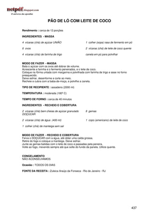 PÃO DE LÓ COM LEITE DE COCO

Rendimento : cerca de 12 porções

INGREDIENTES - MASSA

4 xícaras (chá) de açúcar UNIÃO                      1 colher (sopa) rasa de fermento em pó

6 ovos                                               2 xícaras (chá) de leite de coco quente

4 xícaras (chá) de farinha de trigo                  canela em pó para polvilhar


MODO DE FAZER - MASSA
Bata o açúcar com os ovos até dobrar de volume.
Acrescente a farinha e o fermento peneirados, e o leite de coco.
Coloque na fôrma untada com margarina e polvilhada com farinha de trigo e asse no forno
preaquecido.
Deixe esfriar, desenforme e corte ao meio.
Recheie e cubra com a baba-de-moça, e polvilhe a canela.

TIPO DE RECIPIENTE : assadeira (2000 ml)

TEMPERATURA : moderada (180º C)

TEMPO DE FORNO : cerca de 40 minutos

INGREDIENTES - RECHEIO E COBERTURA

2 xícaras (chá) bem cheias de açúcar granulado       8 gemas
DOÇÚCAR

2 xícaras (chá) de água (400 ml)                     1 copo (americano) de leite de coco

1 colher (chá) de manteiga sem sal


MODO DE FAZER - RECHEIO E COBERTURA
Ferva o DOÇÚCAR com a água, até obter uma calda grossa.
Retire do fogo e coloque a manteiga. Deixe esfriar.
Junte as gemas batidas com o leite de coco e passadas pela peneira.
Volte ao fogo, mexendo sempre até que solte do fundo da panela. Utilize quente.


CONGELAMENTO
NÃO ACONSELHAMOS

Ocasião : TODOS OS DIAS

FONTE DA RECEITA : Zuleica Araújo da Fonseca - Rio de Janeiro - RJ




                                                                                               437
 