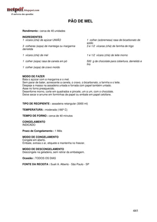 PÃO DE MEL

Rendimento : cerca de 40 unidades

INGREDIENTES
1 xícara (chá) de açúcar UNIÃO                          1 colher (sobremesa) rasa de bicarbonato de
                                                        sódio
3 colheres (sopa) de manteiga ou margarina              3 e 1/2 xícaras (chá) de farinha de trigo
derretida

1 xícara (chá) de mel                                   1 e 1/2 xícara (chá) de leite morno

1 colher (sopa) rasa de canela em pó                    500 g de chocolate para cobertura, derretido e
                                                        frio
1 colher (sopa) de cravo moído


MODO DE FAZER
Bata o açúcar com a margarina e o mel.
Sem parar de bater, acrescente a canela, o cravo, o bicarbonato, a farinha e o leite.
Despeje a massa na assadeira untada e forrada com papel também untado.
Asse no forno preaquecido.
Desenforne morno, corte em quadrados e pincele, um a um, com o chocolate.
Deixe secar e arrume em forminhas de papel ou embale em papel celofane.


TIPO DE RECIPIENTE : assadeira retangular (3000 ml)

TEMPERATURA : moderada (180º C)

TEMPO DE FORNO : cerca de 40 minutos

CONGELAMENTO
INDICADO

Prazo de Congelamento : 1 Mês

MODO DE CONGELAMENTO
Congele em aberto.
Embale, extraia o ar, etiquete e mantenha no freezer.

MODO DE DESCONGELAMENTO
Descongele na geladeira, sem retirar da embalagem.

Ocasião : TODOS OS DIAS

FONTE DA RECEITA : Sueli A. Alberto - São Paulo - SP




                                                                                              441
 