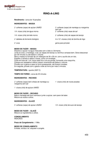 RING-A-LING

Rendimento : cerca de 16 porções

INGREDIENTES - MASSA

2 colheres (sopa) de açúcar UNIÃO                     3 colheres (sopa) de manteiga ou margarina
                                                      sem sal
1/4 xícara (chá) de água morna                        2 colheres (chá) rasas de sal

1/4 xícara (chá) de leite morno                       2 colheres (chá) de raspas de laranja

2 tabletes de fermento biológico                      4 e 1/2 xícaras (chá) de farinha de trigo

2 ovos                                                gema para pincelar


MODO DE FAZER - MASSA
Dissolva o açúcar na água misturada com o leite e o fermento.
Junte os ovos, a manteiga, o sal, as raspas de laranja e a farinha e amasse bem. Deixe descansar
por 30 minutos ou até dobrar o volume.
Abra a massa no formato de um retângulo de 30 x 50 cm, com o auxílio de um rolo.
Espalhe o recheio e dobre 3 vezes, como um envelope.
Corte em tiras de 1 cm, torça cada tira e una as pontas, formando uma rosquinha.
Coloque em assadeira e deixe crescer novamente até dobrar o volume.
Pincele com a gema e asse no forno preaquecido, até ficarem coradas.
Em seguida, pincele com o glacê e volte ao forno por mais 5 minutos.

TEMPERATURA : quente (200º C)

TEMPO DE FORNO : cerca de 25 minutos

INGREDIENTES - RECHEIO

2 colheres (sopa) bem cheias de manteiga ou           1 xícara (chá) de nozes picadas
margarina sem sal

1 xícara (chá) de açúcar UNIÃO


MODO DE FAZER - RECHEIO
Bata a manteiga até ficar cremosa e junte o açúcar, sem parar de bater.
Misture as nozes e utilize.

INGREDIENTES - GLACÊ

5 colheres (sopa) de açúcar UNIÃO                     1/4 xícara (chá) de suco de laranja


MODO DE FAZER - GLACÊ
Misture os ingredientes e utilize.

CONGELAMENTO
INDICADO

Prazo de Congelamento : 1 Mês

MODO DE CONGELAMENTO
Embale, extraia o ar, etiquete e congele.


                                                                                              459
 