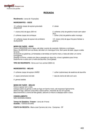 ROSADA

Rendimento : cerca de 16 porções

INGREDIENTES - DOCE

15 colheres (sopa) de açúcar granulado              6 claras
DOÇÚCAR

1 xícara (chá) de água (200 ml)                     2 colheres (chá) de gelatina incolor sem sabor
                                                    (8 g)
2 colheres (sopa) de conhaque                       1 colher (chá) de gelatina sabor morango

10 colheres (sopa) de açúcar de confeiteiro         1/2 xícara (chá) de água fria para hidratar a
GLAÇÚCAR                                            gelatina


MODO DE FAZER - DOCE
Ferva o DOÇÚCAR com a água, até obter o ponto de caramelo. Adicione o conhaque.
Bata o GLAÇÚCAR com as claras, até obter um merengue firme. Sem parar de bater, jogue a calda
fervente.
Acrescente as gelatinas, já hidratadas e derretidas em banho-maria, e bata até obter um creme
homogêneo.
Despeje na fôrma, untada com óleo e passada em água fria, e leve à geladeira para firmar.
Desenforme e cubra com o molho de baunilha. Sirva gelado.

TIPO DE RECIPIENTE : fôrma com furo central (3000 ml)


INGREDIENTES - MOLHO

3 colheres (sopa) de açúcar UNIÃO                   1 colher (sobremesa) de essência de baunilha

3 copos (americano) de leite                        1 lata de creme de leite com soro

6 gemas batidas


MODO DE FAZER - MOLHO
Ferva o açúcar com o leite.
Coloque sobre as gemas e volte ao fogo em banho-maria, até engrossar ligeiramente.
Retire do fogo, adicione a baunilha e deixe esfriar, mexendo de vez em quando.
Bata levemente o creme de leite gelado, adicione à mistura e despeje sobre o doce.

CONGELAMENTO
NÃO ACONSELHAMOS

Tempo de Geladeira / Freezer : cerca de 4 horas
Ocasião : TODOS OS DIAS

FONTE DA RECEITA : Maria José Carneiro de Lima - Campinas - SP




                                                                                            463
 