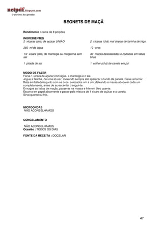 BEGNETS DE MAÇÃ

Rendimento : cerca de 8 porções

INGREDIENTES
2 xícaras (chá) de açúcar UNIÃO                    2 xícaras (chá) mal cheias de farinha de trigo

250 ml de água                                     10 ovos

1/2 xícara (chá) de manteiga ou margarina sem      32 maçãs descascadas e cortadas em fatias
sal                                                finas

1 pitada de sal                                    1 colher (chá) de canela em pó


MODO DE FAZER
Ferva 1 xícara de açúcar com água, a manteiga e o sal.
Jogue a farinha, de uma só vez, mexendo sempre até aparecer o fundo da panela. Deixe amornar.
Bata em batedeira junto com os ovos, colocados um a um, deixando a massa absorver cada um
completamente, antes de acrescentar o seguinte.
Enxugue as fatias de maçãs, passe-as na massa e frite em óleo quente.
Escorra em papel absorvente e passe pela mistura de 1 xícara de açúcar e a canela.
Sirva quente ou frio.



MICROONDAS
NÃO ACONSELHAMOS


CONGELAMENTO

NÃO ACONSELHAMOS
Ocasião : TODOS OS DIAS

FONTE DA RECEITA : DOCELAR




                                                                                            47
 