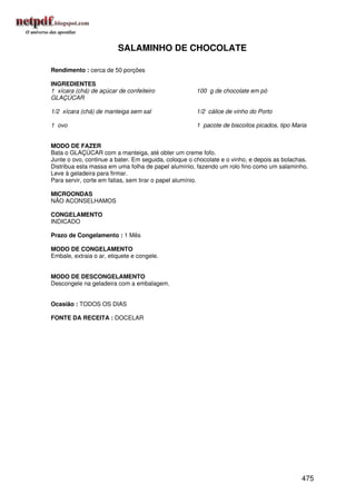 SALAMINHO DE CHOCOLATE

Rendimento : cerca de 50 porções

INGREDIENTES
1 xícara (chá) de açúcar de confeiteiro              100 g de chocolate em pó
GLAÇÚCAR

1/2 xícara (chá) de manteiga sem sal                 1/2 cálice de vinho do Porto

1 ovo                                                1 pacote de biscoitos picados, tipo Maria


MODO DE FAZER
Bata o GLAÇÚCAR com a manteiga, até obter um creme fofo.
Junte o ovo, continue a bater. Em seguida, coloque o chocolate e o vinho, e depois as bolachas.
Distribua esta massa em uma folha de papel alumínio, fazendo um rolo fino como um salaminho.
Leve à geladeira para firmar.
Para servir, corte em fatias, sem tirar o papel alumínio.

MICROONDAS
NÃO ACONSELHAMOS

CONGELAMENTO
INDICADO

Prazo de Congelamento : 1 Mês

MODO DE CONGELAMENTO
Embale, extraia o ar, etiquete e congele.


MODO DE DESCONGELAMENTO
Descongele na geladeira com a embalagem.


Ocasião : TODOS OS DIAS

FONTE DA RECEITA : DOCELAR




                                                                                            475
 