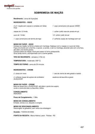 SOBREMESA DE MAÇÃS

Rendimento : cerca de 8 porções

INGREDIENTES - DOCE

4 a 5 maçãs sem cascas e cortadas em fatias          1 copo (americano) de açúcar UNIÃO
finas

raspas de 1/2 limão                                  1 colher (café) rasa de canela em pó

suco de 1 limão                                      1/2 colher (café) de sal

1 copo (americano) de farinha de trigo               2 colheres (sopa) de manteiga sem sal


MODO DE FAZER - DOCE
Coloque as maçãs na fôrma untada com manteiga. Salpique com a raspas e o suco de limão.
Faça uma farofa com a farinha, o açúcar, a canela, o sal e a manteiga, picando tudo com uma faca,
até obter uma farofa grossa.
Coloque sobre as maçãs e leve para assar no forno preaquecido.
Sirva ainda morno, acompanhado com o creme gelado.

TIPO DE RECIPIENTE : refratário (1750 ml)

TEMPERATURA : moderada (180º C)

TEMPO DE FORNO : cerca de 30 minutos


INGREDIENTES - CREME

2 claras em neve                                     1 lata de creme de leite gelado e batido

4 colheres (sopa) de açúcar de confeiteiro           essência de baunilha a gosto
GLAÇÚCAR


MODO DE FAZER - CREME
Bata as claras com o GLAÇÚCAR, até obter o ponto de suspiro.
Junte o creme de leite e a baunilha. Utilize.

CONGELAMENTO
INDICADO

Prazo de Congelamento : 1 Mês

MODO DE CONGELAMENTO
Embale, extraia o ar, etiquete e congele.

MODO DE DESCONGELAMENTO
Descongele na geladeira, sem retirar da embalagem.

Ocasião : TODOS OS DIAS

FONTE DA RECEITA : Maria Helena Loeck - Pelotas - RS




                                                                                             497
 