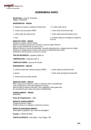 SOBREMESA DÁRCI

Rendimento : cerca de 10 porções
Típica : FRANCESA

INGREDIENTES - MASSA

6 maçãs sem cascas e cortadas em fatias finas           1/2 colher (café) de sal

3 xícaras (chá) de açúcar UNIÃO                         1 xícara (chá) de farinha de trigo

1 colher (café) de canela em pó                         1 colher (café) rasa de fermento em pó

2 ovos                                                  2 colheres (sopa) de manteiga ou margarina
                                                        sem sal
MODO DE FAZER - MASSA
Coloque as maçãs na fôrma untada.
Misture 2 xícaras do açúcar com a canela e cubra as maçãs. Reserve.
Bata o açúcar restante com os ovos e o sal.
Misture a farinha e o fermento peneirados, mexendo delicadamente, e despeje sobre as maçãs.
Distribua a manteiga sobre a massa e leve ao forno preaquecido para assar.
Desenforme, deixe amornar e sirva com o molho.

TIPO DE RECIPIENTE : assadeira (3000 ml)

TEMPERATURA : moderada (180º C)

TEMPO DE FORNO : cerca de 40 minutos

INGREDIENTES - MOLHO

3 colheres (sopa) bem cheias de açúcar UNIÃO            1 colher (sopa) de amido de milho

3 gemas                                                 1 colher (chá) de essência de baunilha

2 xícaras (chá) mal cheias de leite


MODO DE FAZER - MOLHO
Bata o açúcar com as gemas, o leite e o amido de milho no liqüidificador.
Leve ao fogo baixo e mexa até engrossar um pouco.
Retire do fogo e coloque a baunilha. Leve à geladeira e deixe gelar bem.
No momento de servir, bata novamente no liqüidificador.

CONGELAMENTO - MASSA
INDICADO

Prazo de Congelamento : 1 Mês

MODO DE CONGELAMENTO
Congele somente a massa.
Embale, extraia o ar, etiquete e mantenha no freezer.

MODO DE DESCONGELAMENTO
Descongele na geladeira, sem retirar da embalagem.

Ocasião : TODOS OS DIAS

FONTE DA RECEITA : Dárci Marks - Porto Alegre - RS


                                                                                                 499
 