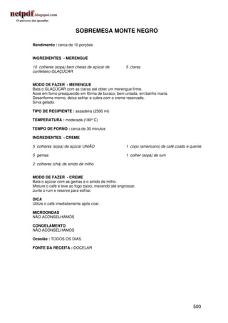 SOBREMESA MONTE NEGRO

Rendimento : cerca de 10 porções


INGREDIENTES - MERENGUE

10 colheres (sopa) bem cheias de açúcar de           5 claras
confeiteiro GLAÇÚCAR


MODO DE FAZER - MERENGUE
Bata o GLAÇÚCAR com as claras até obter um merengue firme.
Asse em forno preaquecido em fôrma de buraco, bem untada, em banho maria.
Desenforme morno, deixe esfriar e cubra com o creme reservado.
Sirva gelado.

TIPO DE RECIPIENTE : assadeira (2500 ml)

TEMPERATURA : moderada (180º C)

TEMPO DE FORNO : cerca de 30 minutos

INGREDIENTES - CREME

5 colheres (sopa) de açúcar UNIÃO                    1 copo (americano) de café coado e quente

5 gemas                                              1 colher (sopa) de rum

2 colheres (chá) de amido de milho


MODO DE FAZER - CREME
Bata o açúcar com as gemas e o amido de milho.
Misture o café e leve ao fogo baixo, mexendo até engrossar.
Junte o rum e reserve para esfriar.

DICA
Utilize o café imediatamente após coar.

MICROONDAS
NÃO ACONSELHAMOS

CONGELAMENTO
NÃO ACONSELHAMOS

Ocasião : TODOS OS DIAS

FONTE DA RECEITA : DOCELAR




                                                                                         500
 