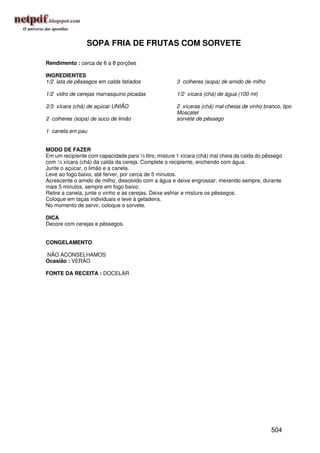 SOPA FRIA DE FRUTAS COM SORVETE

Rendimento : cerca de 6 a 8 porções

INGREDIENTES
1/2 lata de pêssegos em calda fatiados                3 colheres (sopa) de amido de milho

1/2 vidro de cerejas marrasquino picadas              1/2 xícara (chá) de água (100 ml)

2/3 xícara (chá) de açúcar UNIÃO                      2 xícaras (chá) mal cheias de vinho branco, tipo
                                                      Moscatel
2 colheres (sopa) de suco de limão                    sorvete de pêssego

1 canela em pau


MODO DE FAZER
Em um recipiente com capacidade para ½ litro, misture 1 xícara (chá) mal cheia da calda do pêssego
com ½ xícara (chá) da calda da cereja. Complete o recipiente, enchendo com água.
Junte o açúcar, o limão e a canela.
Leve ao fogo baixo, até ferver, por cerca de 5 minutos.
Acrescente o amido de milho, dissolvido com a água e deixe engrossar, mexendo sempre, durante
mais 5 minutos, sempre em fogo baixo.
Retire a canela, junte o vinho e as cerejas. Deixe esfriar e misture os pêssegos.
Coloque em taças individuais e leve à geladeira.
No momento de servir, coloque o sorvete.

DICA
Decore com cerejas e pêssegos.


CONGELAMENTO

NÃO ACONSELHAMOS
Ocasião : VERÃO

FONTE DA RECEITA : DOCELAR




                                                                                             504
 