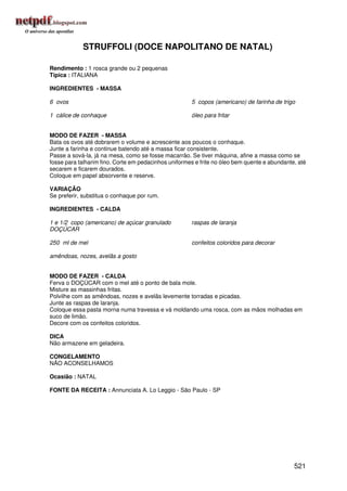 STRUFFOLI (DOCE NAPOLITANO DE NATAL)

Rendimento : 1 rosca grande ou 2 pequenas
Típica : ITALIANA

INGREDIENTES - MASSA

6 ovos                                                5 copos (americano) de farinha de trigo

1 cálice de conhaque                                  óleo para fritar


MODO DE FAZER - MASSA
Bata os ovos até dobrarem o volume e acrescente aos poucos o conhaque.
Junte a farinha e continue batendo até a massa ficar consistente.
Passe a sová-la, já na mesa, como se fosse macarrão. Se tiver máquina, afine a massa como se
fosse para talharim fino. Corte em pedacinhos uniformes e frite no óleo bem quente e abundante, até
secarem e ficarem dourados.
Coloque em papel absorvente e reserve.

VARIAÇÃO
Se preferir, substitua o conhaque por rum.

INGREDIENTES - CALDA

1 e 1/2 copo (americano) de açúcar granulado          raspas de laranja
DOÇÚCAR

250 ml de mel                                         confeitos coloridos para decorar

amêndoas, nozes, avelãs a gosto


MODO DE FAZER - CALDA
Ferva o DOÇÚCAR com o mel até o ponto de bala mole.
Misture as massinhas fritas.
Polvilhe com as amêndoas, nozes e avelãs levemente torradas e picadas.
Junte as raspas de laranja.
Coloque essa pasta morna numa travessa e vá moldando uma rosca, com as mãos molhadas em
suco de limão.
Decore com os confeitos coloridos.

DICA
Não armazene em geladeira.

CONGELAMENTO
NÃO ACONSELHAMOS

Ocasião : NATAL

FONTE DA RECEITA : Annunciata A. Lo Leggio - São Paulo - SP




                                                                                              521
 