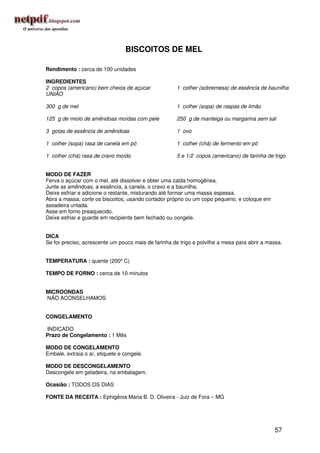 BISCOITOS DE MEL

Rendimento : cerca de 100 unidades

INGREDIENTES
2 copos (americano) bem cheios de açúcar              1 colher (sobremesa) de essência de baunilha
UNIÃO

300 g de mel                                          1 colher (sopa) de raspas de limão

125 g de miolo de amêndoas moídas com pele            250 g de manteiga ou margarina sem sal

3 gotas de essência de amêndoas                       1 ovo

1 colher (sopa) rasa de canela em pó                  1 colher (chá) de fermento em pó

1 colher (chá) rasa de cravo moído                    5 e 1/2 copos (americano) de farinha de trigo


MODO DE FAZER
Ferva o açúcar com o mel, até dissolver e obter uma calda homogênea.
Junte as amêndoas, a essência, a canela, o cravo e a baunilha.
Deixe esfriar e adicione o restante, misturando até formar uma massa espessa.
Abra a massa, corte os biscoitos, usando cortador próprio ou um copo pequeno, e coloque em
assadeira untada.
Asse em forno preaquecido.
Deixe esfriar e guarde em recipiente bem fechado ou congele.


DICA
Se for preciso, acrescente um pouco mais de farinha de trigo e polvilhe a mesa para abrir a massa.


TEMPERATURA : quente (200º C)

TEMPO DE FORNO : cerca de 10 minutos


MICROONDAS
NÃO ACONSELHAMOS


CONGELAMENTO

INDICADO
Prazo de Congelamento : 1 Mês

MODO DE CONGELAMENTO
Embale, extraia o ar, etiquete e congele.

MODO DE DESCONGELAMENTO
Descongele em geladeira, na embalagem.

Ocasião : TODOS OS DIAS

FONTE DA RECEITA : Ephigênia Maria B. D. Oliveira - Juiz de Fora – MG




                                                                                               57
 